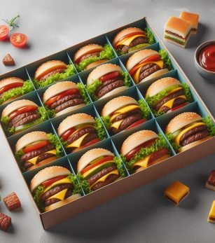 24 pieces of mini burgers in a rectangular box with dividers between each piece (1)